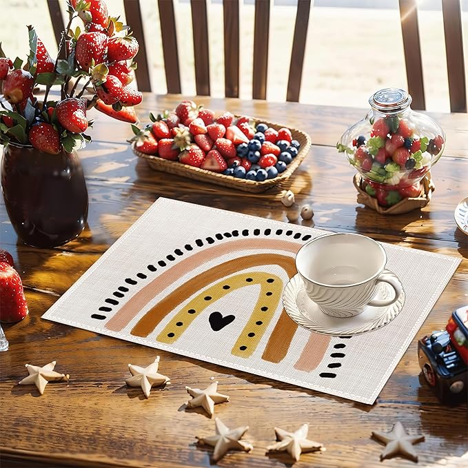 Cute Boho Rainbow Placemats Set of 6, 12x18 Inch Waterproof Stain Resistant Linen Table Placemats Summer Seasonal Farmhouse Kitchen Party Decor Home Decor