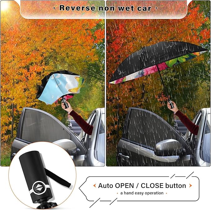 Automatic Folding Umbrella Windproof Strong, UV Protection Compact Floral Hydrangea Hummingbird Sun Rain Sun Rain Travel Umbrellas for Women Men