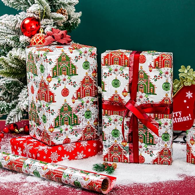 Yarcony Reversible Christmas Wrapping Paper, Vintage Christmas Ornament Gift Wrapping Paper, Classic Watercolor Retro House and Snowflakes Pattern for Holiday, Party(Mini Roll, 17Inch x 33Feet)