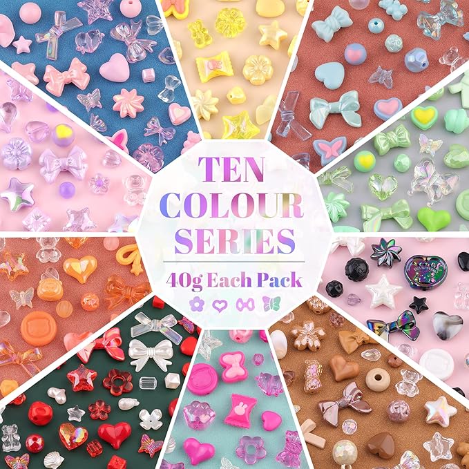 Assorted 500PCS 10 Colors Mixed Acrylic Beads for Bracelet Making, Flower Bow GummyBear Bracelet Charms,Cute Beads for Jewelry Making DIY Necklace Keychain Phone Charm Christmas Gift