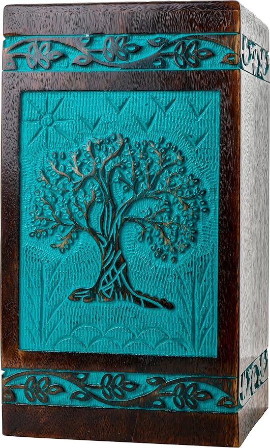 INTAJ Cremation Urn for Human Ashes - Wooden Urn Box for Ashes Handcrafted - Tree of Life Memorial Urn Funeral Cremation Urns (Teal Green, X-Large (250lbs or 115kg))