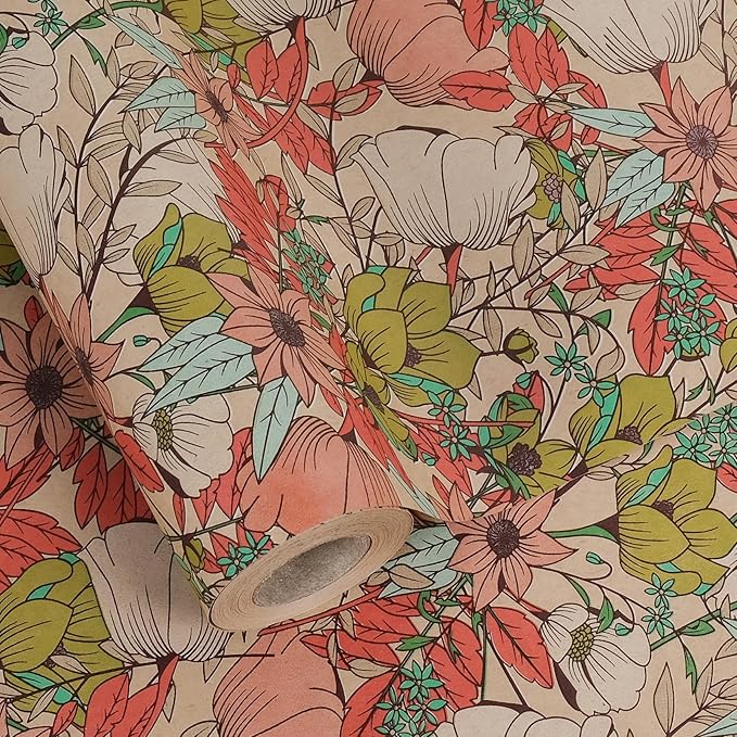 Aimyoo Kraft Floral Wrapping Paper Roll - Jumbo Roll - 30 Inch x 33 Feet - All Occasion Vintage Flower Gift Wrap Paper for Mother's Day Wedding Birthday Bridal Shower