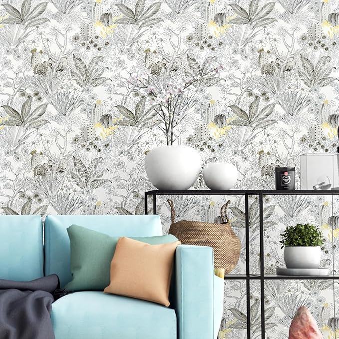 Wudnaye Floral Peel and Stick Wallpaper Vintage Contact Paper 17.7 inch×196.8 inch Gray Flower Wallpapers Self Adhesive Removable White and Black Contact Paper Waterproof for Bathroom Vinyl
