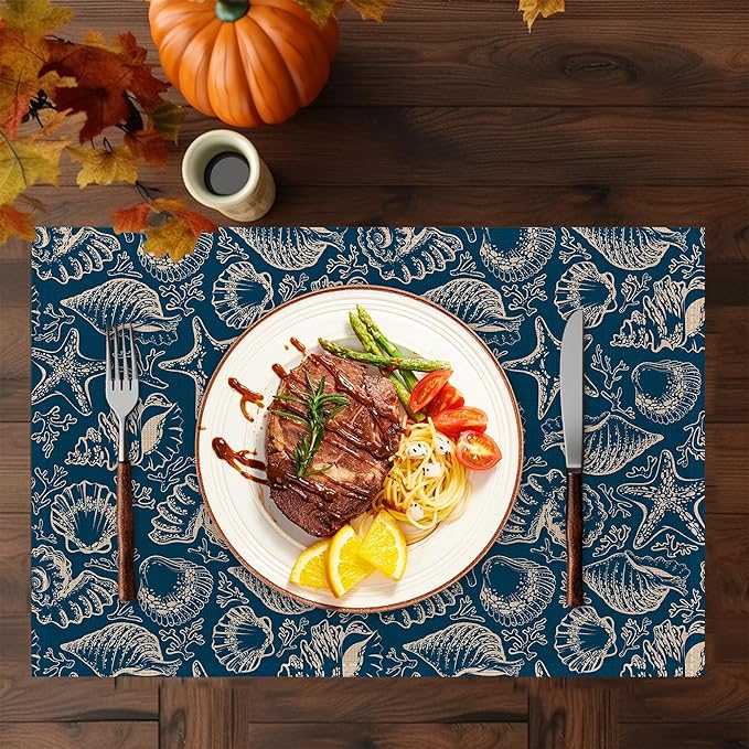 Ocean Coral Teal Placemats Set of 6,Washable Heat Resistant 12×18 Inch Linen Table Mats Coastal Place Mats for Party Outdoor Dining Décor