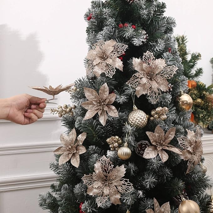 24Pcs Champagne Glitter Poinsettia Christmas Tree Ornaments and Glitter Berries Stems, 16Pcs Christmas Artificial Flowers and 8 Pack Christmas Tree Picks for Wedding Holiday Decorations