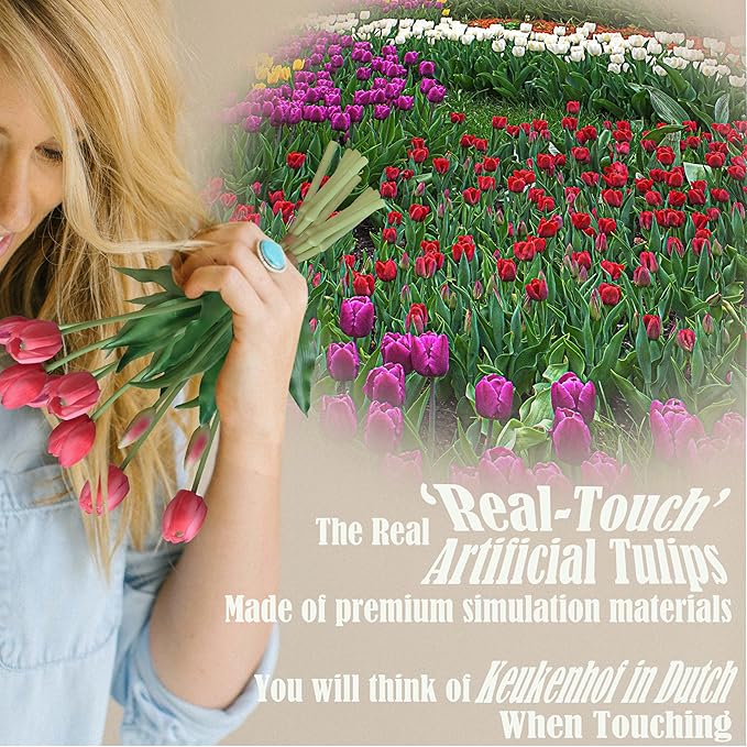 20pcs Artificial Tulip Flowers,16 Inch Real Touch Tulip Stems with Faux Leaves, Faux Tulips and Buds for Home Décor Centerpiece Ornament Wedding Bouquet,Deep Pink