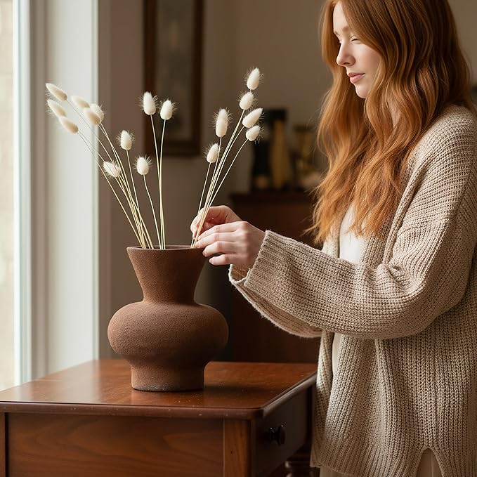 5.5IN Rustic Farmhouse Ceramic Vase Home Decor, Vintage Stoneware Clay Pottery Terracotta Textured for Modern Farmhouse, Living Room, Office Desk Table Shelf,(Brown)