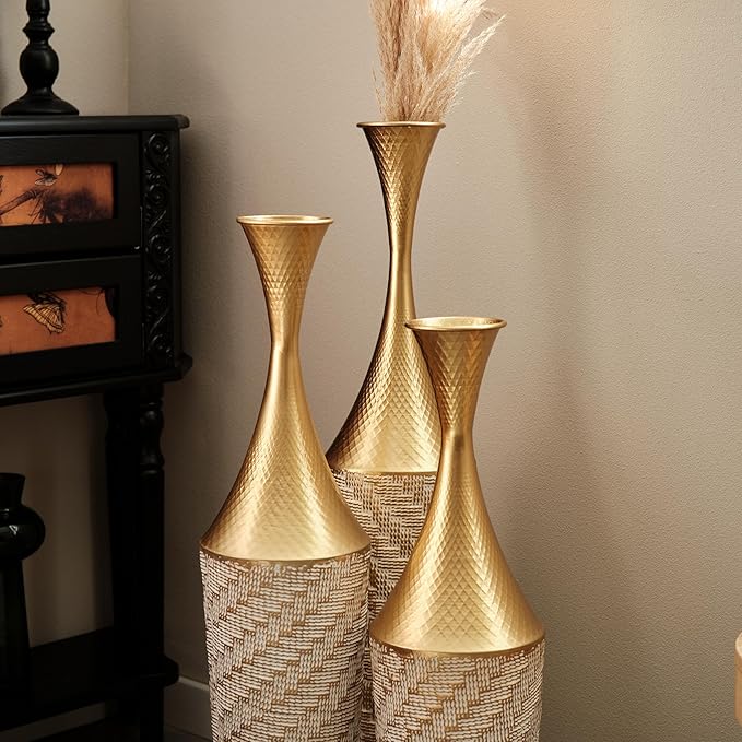 Floor Vases Decorative Tall, Set of 3 Flower Arrangement Stand for Living Room, Bedroom, Room Empty Corner Metal Gold Flower Vase Champgne & White