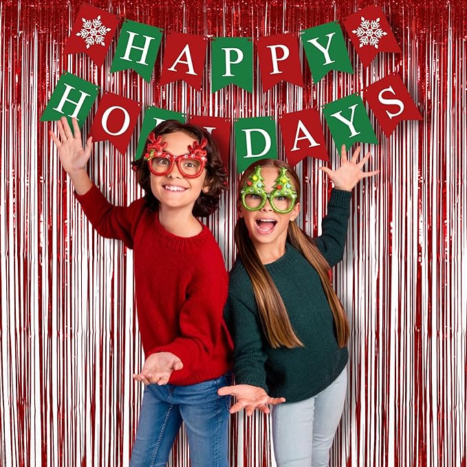Red Tinsel Curtain Party Streamer, Foil Curtain Backdrop Photo Booth Props for Birthdays Bridal Shower Valentines New Years Party Decorations - 2 Pack 3.2×8.2ft
