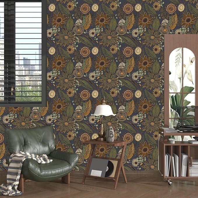 Boho Wallpaper Peel and Stick, Vintage Blue Yellow Floral Contact Paper, Botanical Flowers Antique Retro Wall Paper 17.5" x 118" Self Adhesive Removable Waterproof for Walls Shelves Cabinet Table