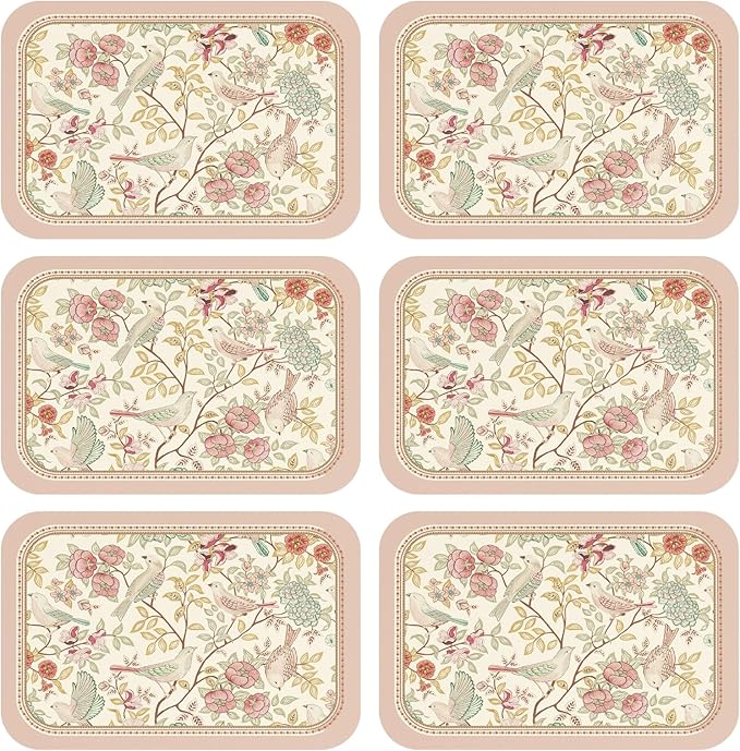patdrea French Floral Bird Rectangular PVC Placemats, Pack of 6, Waterproof Insulation, Soft and Durable, Suitable for Dining Table, Kitchen and Coffee Table Decoration,12"*17"