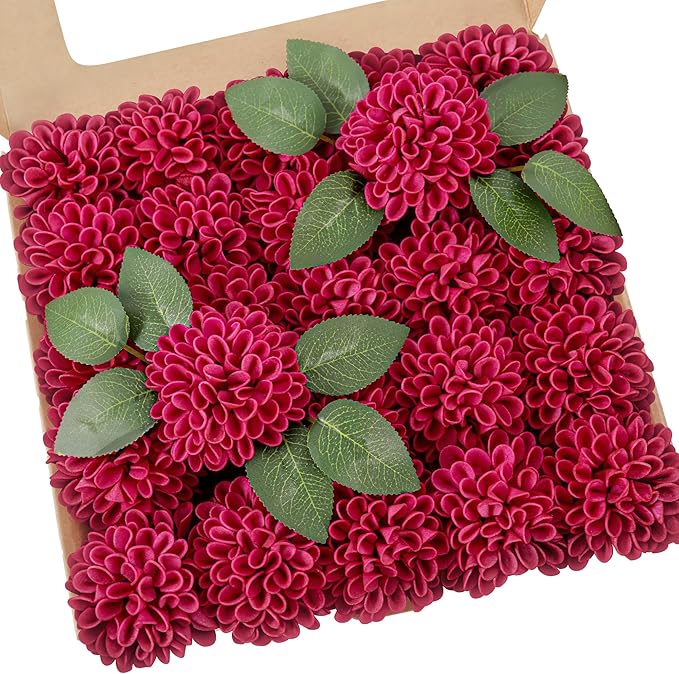 Artificial Flowers, 100pcs Artificial Rose for DIY Wedding Bouquets Centerpieces Arrangements, Hot Pink Dahlia Flowers with Stems for Bridal Shower Party Decoration