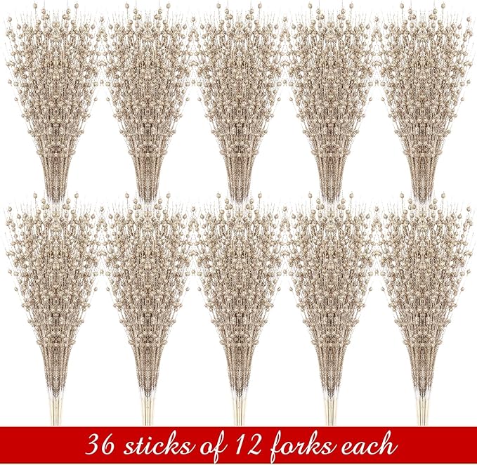 Geosar 30 Pcs Christmas Artificial Glitter Berry Stem Decorations 17 Inch Faux Stick Floral Pick Centerpiece Bouquet Flower Bead Twigs for Centerpiece Tree Wreath Xmas Ornaments Home(Champagne Gold)