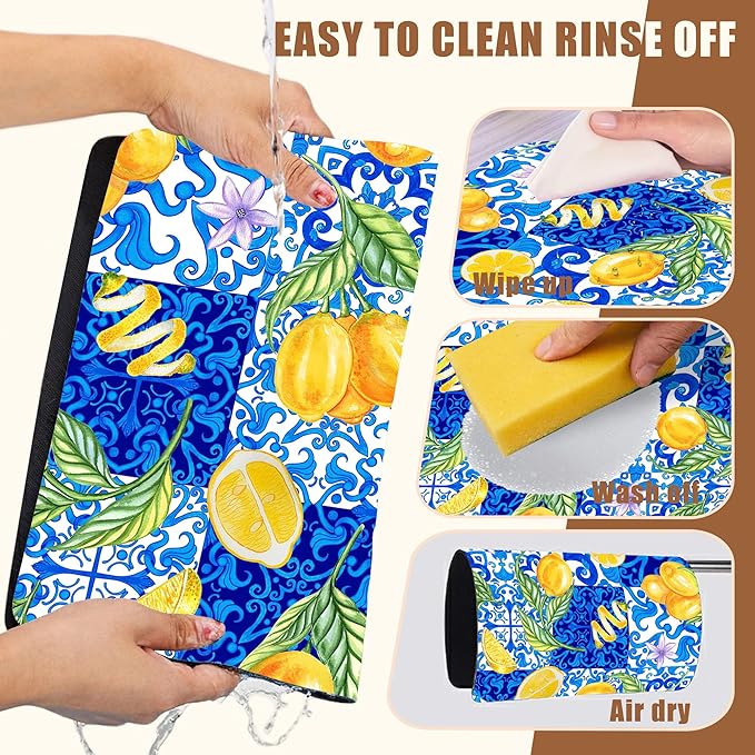 Lemon and Blue Tile Dish Drying Mat for Kitchen Counter Coffee Bar Mat Hide Stain Absorbent Rubber Backed Drying Rack Pad Espresso Machine Coffee Bar Accessories 11.8 x 19.7 Inch