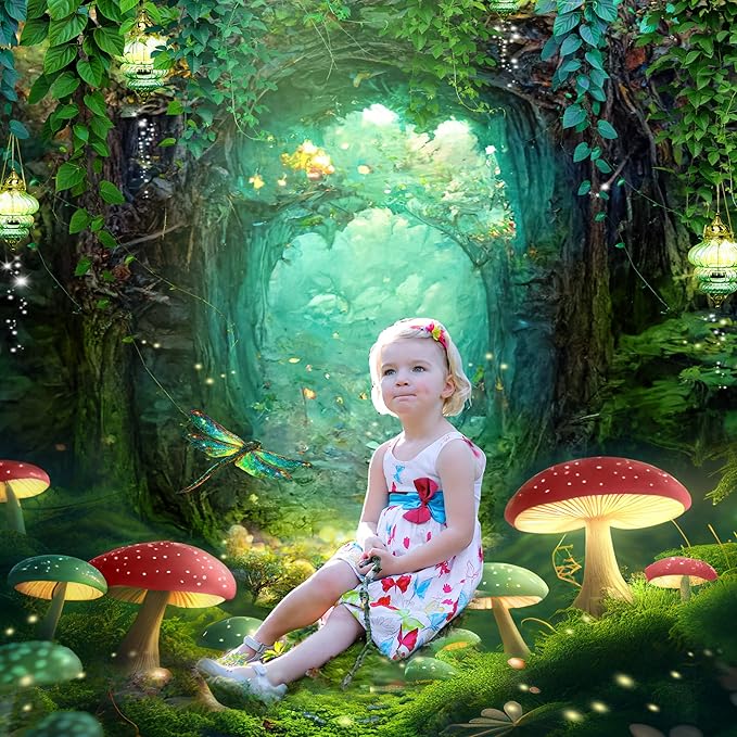 Riyidecor Fairy Backdrop Polyester Fabric Green Fantasy Enchanted Wonderland Woodland Princess Mushroom Dreamland Plant Trees 5W*7H Feet Pretty Photography Background Birthday Photo Studio Shoot
