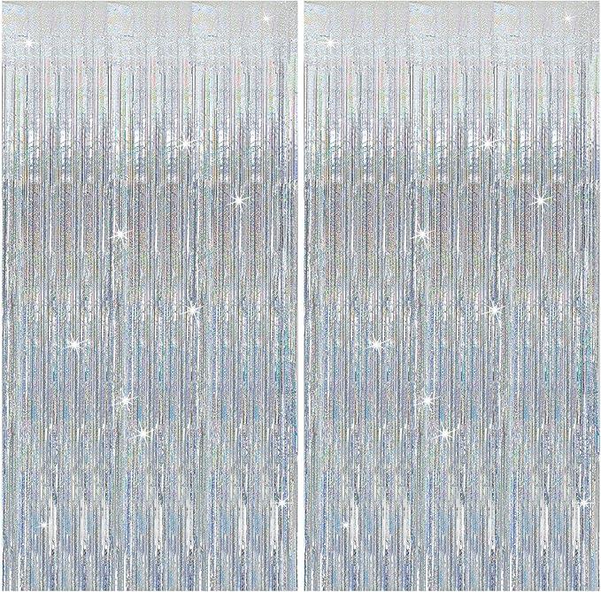 2 Pack Silver Birthday Decorations Silver Streamers Christmas Party Decorations Tinsel Backdrop Party Streamers Foil Fringe Curtains Shimmer Backdrop Bachelorette Wedding Christmas Door Decorations