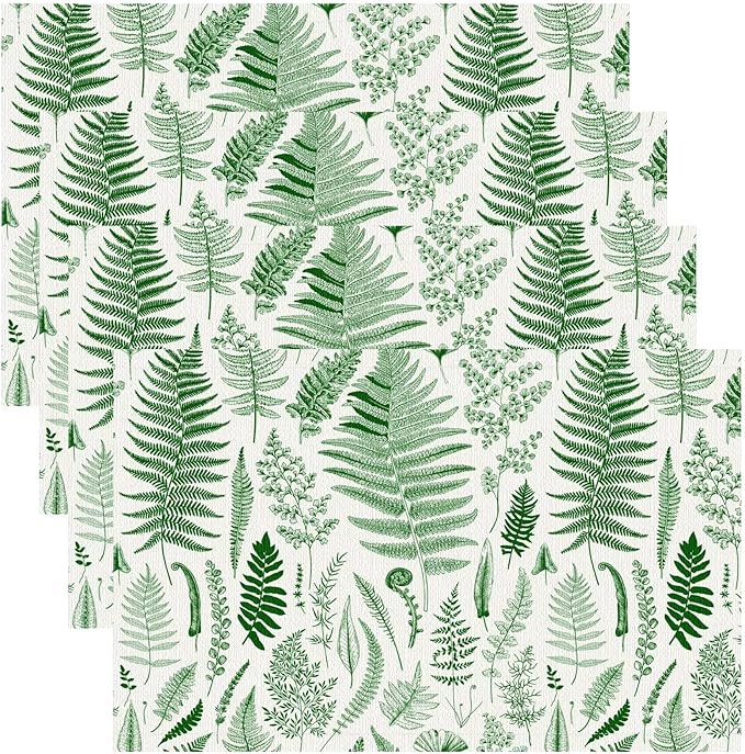 Vintage Leaves Placemats Set of 6, 17x12 Inch Green Boho Abstract Aesthetic Tropical Botanical Leaves Modern Art Printed Table Mats for Home Party Kitchen Dining Decor