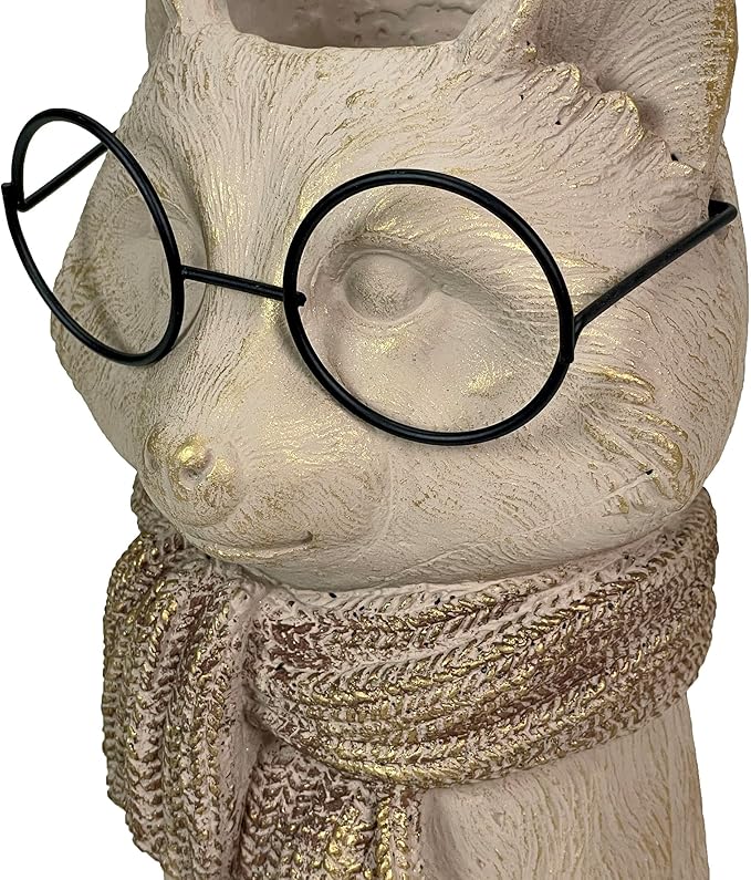 Bespectacled Fox Cement Vase 8.25 Inch – Gold Accents, Knit Textured Scarf, Real Wire Glasses, Whimsical Animal Decor, Distressed Taupe Planter for Indoor Plants, Unique Gift for Home or Office