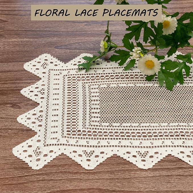 Jayla 2 Pcs Rectangle Lace Placemats for Tables Embroidered Lace Tablemats Vintage Crochet Floral Table Runner Vintage Wedding, Tea Party Decor,12x17 Inch