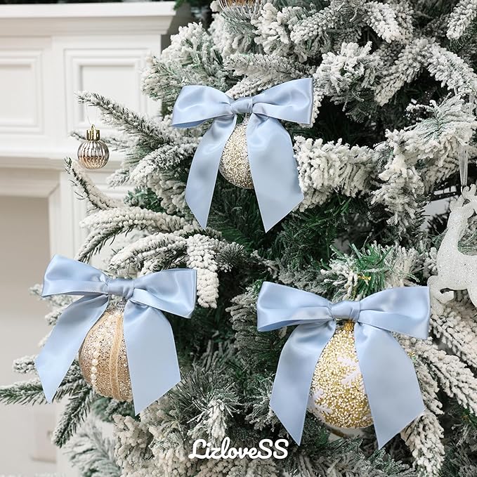 Dusty Blue Satin Ribbon Twist Tie Bows 5 Inch Pre-Tied Blue Gift Bows for Crafts, Treat Bags, Party Favors, Wedding, Baby Shower, Candy Apple, Christmas Tree (36 Pack)