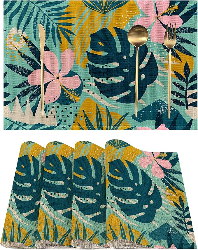 Boho Foliage Botanical Placemats Set of 4, Tropical Palm Leaves and Floral Place Mats Heat Resistant Washable Non-Slip Table Mats for Party Kitchen Dining Decor 12x18 Inch