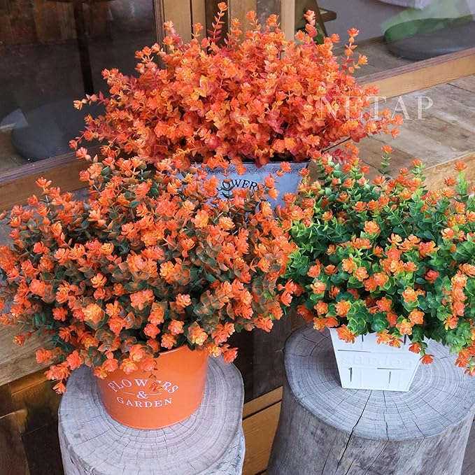 Outdoor Artificial Flowers UV Resistant, 20 Bundles Fake Realistic Floral Greenery Plants for Outside Porch, Window Boxes, Garden, Yard, Inside Home Table Decor,GreenOrange