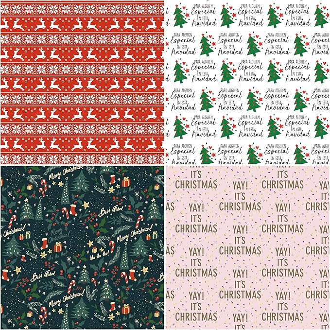 4 Rolls Christmas Wrapping Paper Rolls, 17 Inch x 16.5 Feet per Roll, Totaling 94 sq. ft. – Reindeer, Tree, Snowflake & Pink Letter Designs, Eco-Friendly & Durable Gift Wrap for Christmas Presents and Holiday Decorations