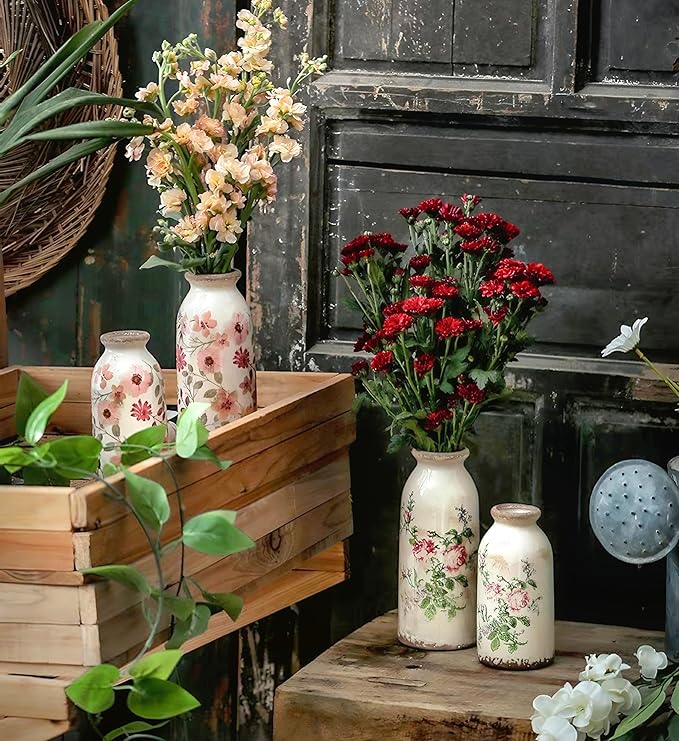 Ceramic Rustic Farmhouse Vase, Distressed Flower Vase for Home Decor, Ideal Shelf Decor, Boho Vase for Living Room Bedroom Kitchen Office Decor Centerpiece Table Decorations (6 inches)