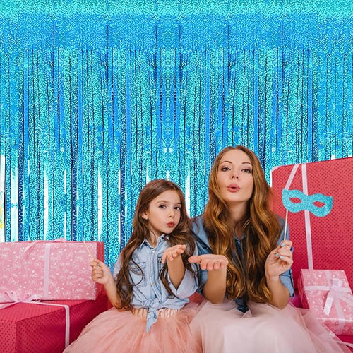 2 Pack 3.2ft x 8.2ft Blue Foil Fringe Curtains Photo Backdrop Party Decorations, Metallic Tinsel Foil Fringe Streamer Curtain for Party Door Wall Curtain Bachelorette Christmas New Year Decorations