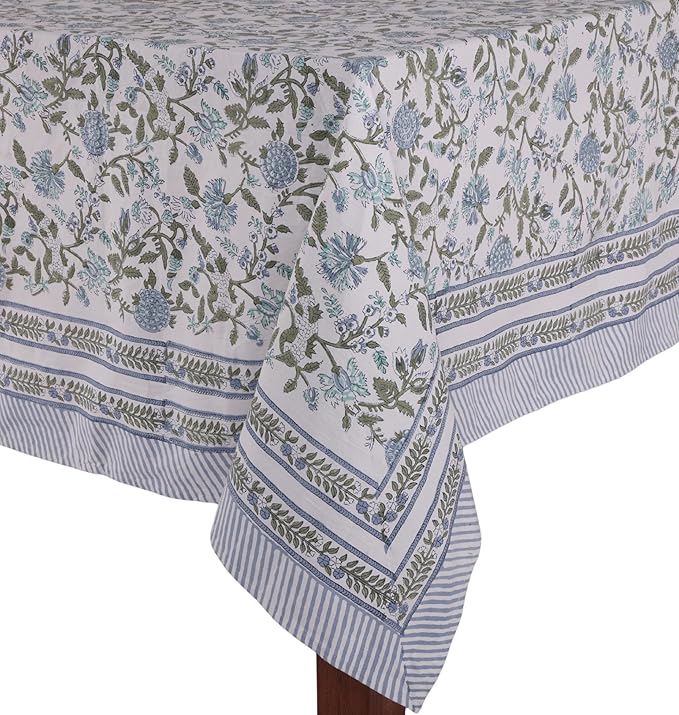 ATOSII Mahoka Blue 100% Cotton Fall Tablecloth, Handblock Floral Linen Table Cloth for Kitchen Dining Table I Parties Weddings Outdoors Easter Valentine's Gift I 60 X 90 Inches I 6 Seater