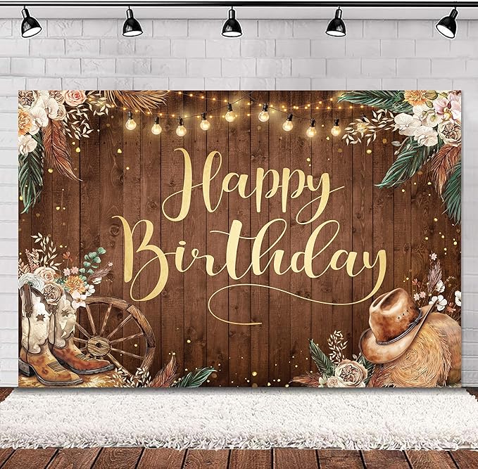 SVBright Western Cowgirl Birthday Backdrop 8Wx6H Farmhouse Pampas Grass Country Rustic Wild West Wooden Boho Flower Retro Boots Hat Decorations Photography Background Banner Photo Booth Studio