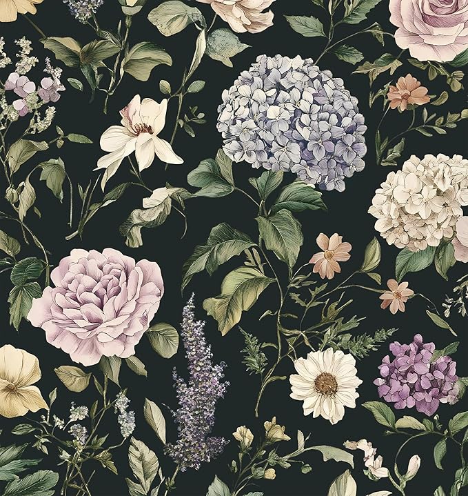 HeloHo Vintage Floral Peel and Stick Wallpaper 17.3"x393.7" Boho Contact Paper Dark Flower Self-Adhesive Removable Wallpaper Renter Friendly Botanical Wall Paper for Cabinets Bedroom Vinyl Rolls