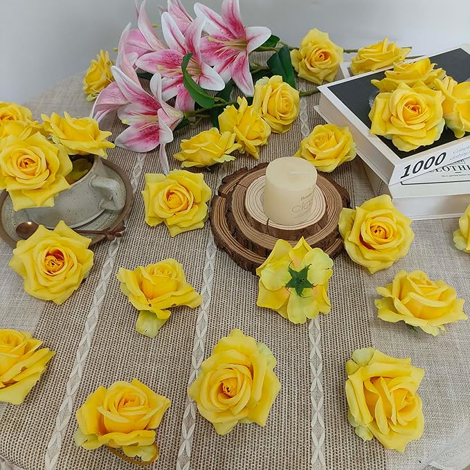 Artificial Satin Rose Flower Heads,48 Pcs Silk Rose Heads with Stems,3.3'' Rose Artificial Flowers Bulk,Artificial Rose Flower Heads for DIY Crafts Bouquet (48, Yellow)