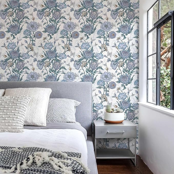 Floral Wallpaper Peel and Stick Floral Contact Paper Blue and Purple Wall Paper Removable Self Adhesive Vinyl Stick on Wallpaper for Bathroom Bedroom Decor 17.3in x 118in
