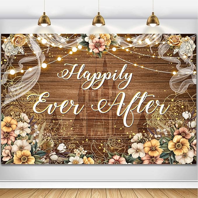 Happily Ever After Backdrop Bridal Shower Wedding Party Brown Wood Photography Background Boho Floral Golden Rose Dots Wedding Decor Banner Portrait Photo Booth Studio Props 7x5ft FU037YL