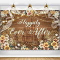Happily Ever After Backdrop Bridal Shower Wedding Party Brown Wood Photography Background Boho Floral Golden Rose Dots Wedding Decor Banner Portrait Photo Booth Studio Props 7x5ft FU037YL