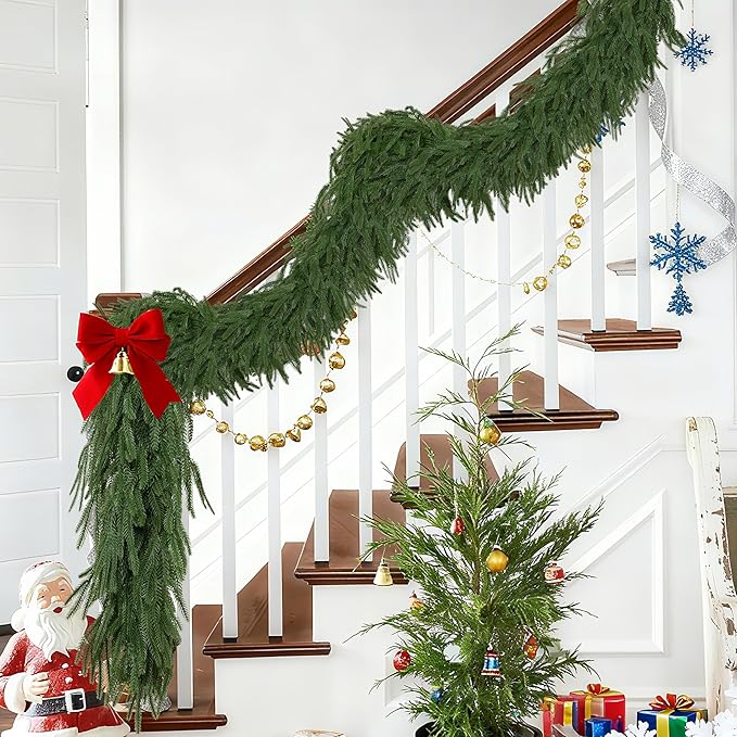 Palonu 2 Pcs 5Ft Artificial Norfolk Garland, Faux Christmas Greenery Touched Like Real Needles Pine, Decoration for Table Mantle Wall Porch Fireplace Indoor Outdoor Winter Holiday Décor