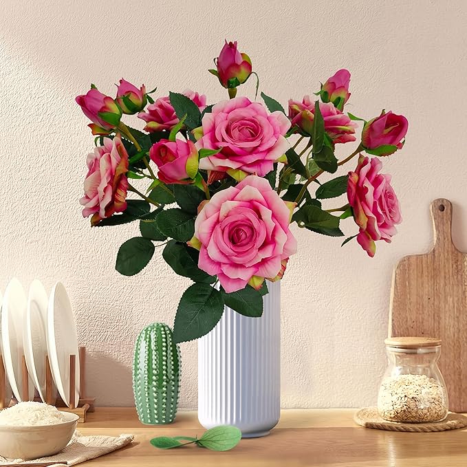 ATFL Pink and Purple Fake Roses Flowers, 6 Pcs Faux Silk Real Touch Moisturizing Artificial Rose Flowers for Decoration DIY Wedding Party Home Office Decoration and Dining Table Centerpiece