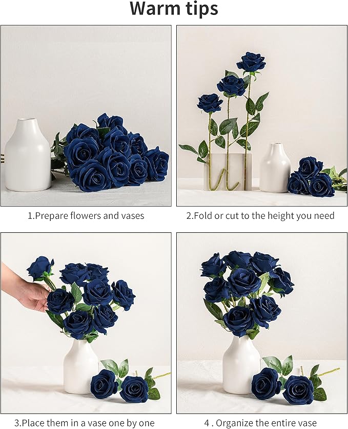 DuHouse 10pcs Silk Roses Artificial Flowers Fake Rose for Arrangement Wedding Party Home Decoration (Navy Blue)