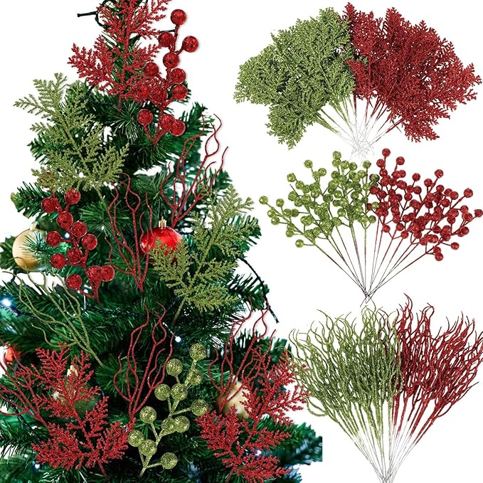 75 Pcs Christmas Glitter Branches 3 Styles Artificial Christmas Picks Berries Stems Pine Needles Floral Twig Spray for Xmas Tree Ornaments DIY Wreath Garland(Red, Green)