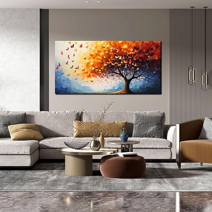 ANCXWOTER Butterfly Tree Canvas Wall Art for Living Room Bedroom Home Office Orange and Blue Colorful Butterfly Picture Tree of Life Wall Art Large Modern Canvas Prints 24x48 In