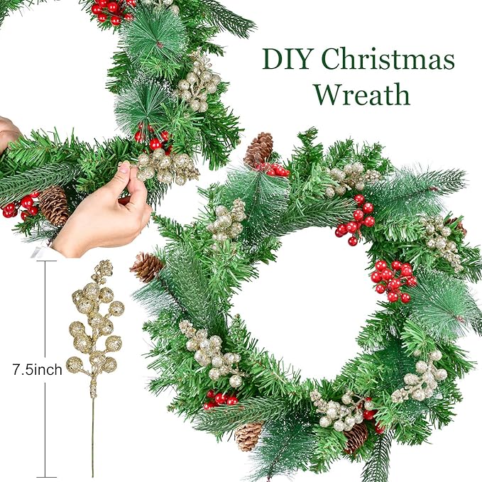 Lvydec 16pcs Christmas Glitter Berries Stems, 7.8" Artificial Christmas Picks for Christmas Tree Ornaments, DIY Xmas Wreath, Crafts, Holiday and Home Decor (Champagne)