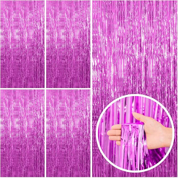 5 Pack Hot Pink Party Decorations - Tinsel Curtain Streamers Foil Fringe Backdrop for Birthday, Christmas, Bachelorette, Graduation, Fiesta Photo Booth