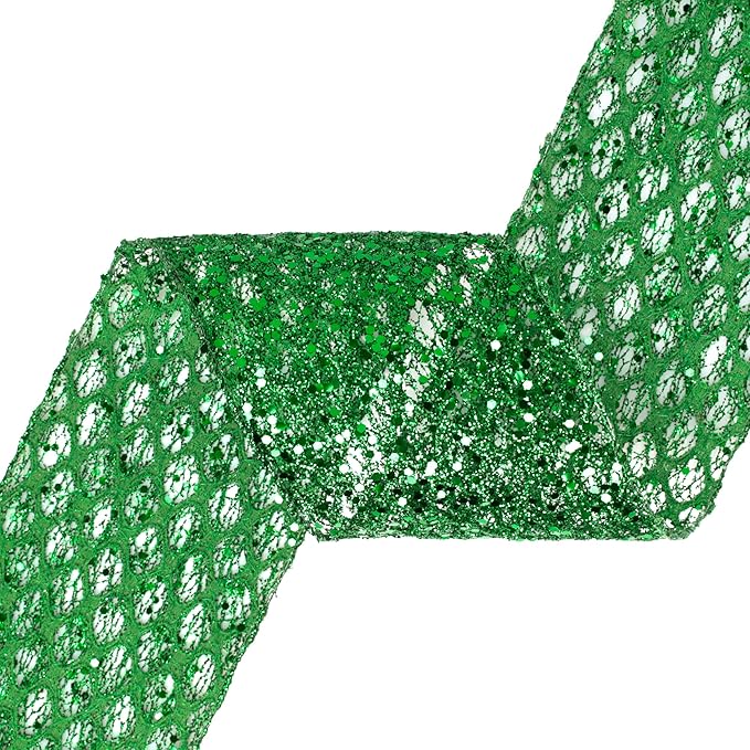 VATIN 4" Green Christmas Ribbon, Green Glitter Mesh Diamond Web Sequin Dots Wired Christmas Ribbon for Gift Wrapping Bow Making Wreath Supply-10 Yards