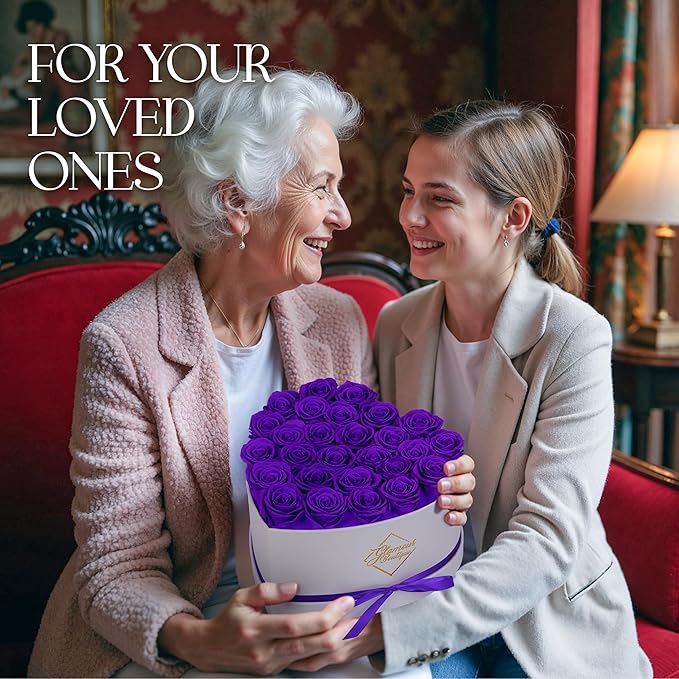 GLAMOUR BOUTIQUE Preserved Roses in a Box - Gifts for Her, Wife & Mom, Rose Flowers Forever Decor for Birthday Gift, Get Well Flower Bouquet Cased in White Box with Cover - Purple - 27-Piece