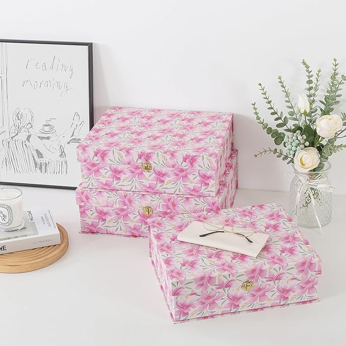 Soul & Lane Pink Floral Cardboard Decorative Storage Boxes with Gold Hardware - Set of 3, Garden Blush - Stacking Boxes with Lids for Home Decor and Organizing, Elegant Design