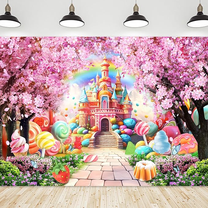 Riyidecor Princess Candyland Castle Backdrop Pink Fairy Sakura Rainbow 7Wx5H Feet Flower Floral Fantasy Tale Wonderland Photography Background Birthday Wedding Photo Studio Shoot Polyester Fabric