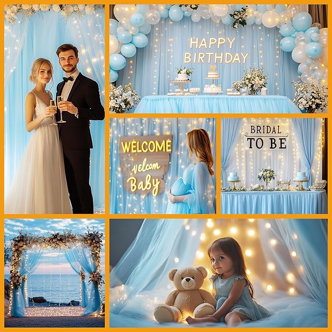 Tulle Curtain Backdrop with 300 LED Fairy Lights for Parites Wrinkle-Free Sheer Curtain Drapes Photo Back Drop for Wedding Baby Shower Bridal Shower Birthday Home Décor - 10ft×10ft, Baby Blue