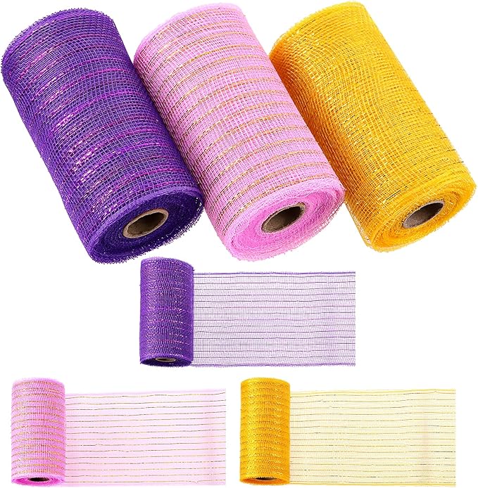 Swpeet 3 Rolls 6 Inches Mesh Ribbon Glitter Metallic Wrapping Ribbon Kit, Glitter Tulle Fabric Spool Ribbon Metallic Foil Mesh Ribbon for DIY Project Wreaths Party Decorations Wrapping Craft