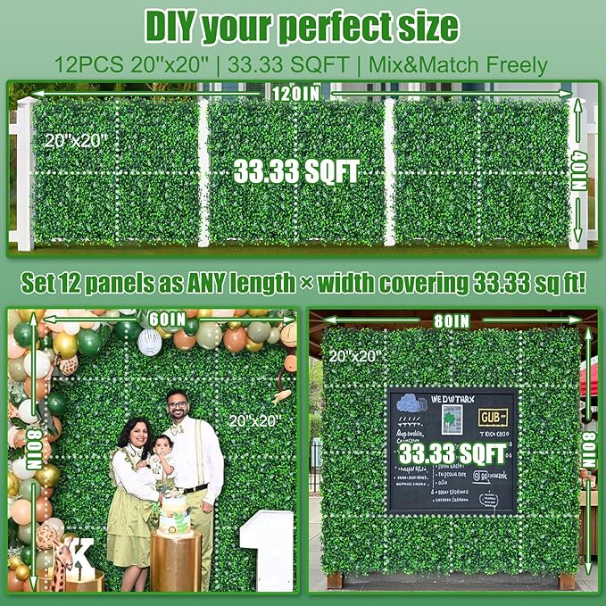 12PCS Grass Wall Panel with Flowers, 20x20inch Boxwood Panels, Grass Backdrop, Privacy Hedge Screen, UV Protected Wall Backdrop for Outdoor Garden and Indoor Home Wedding